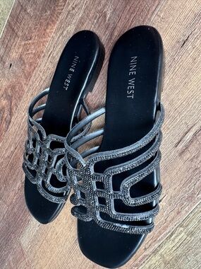 Nine West Black Crystal-Trim Slide Sandals